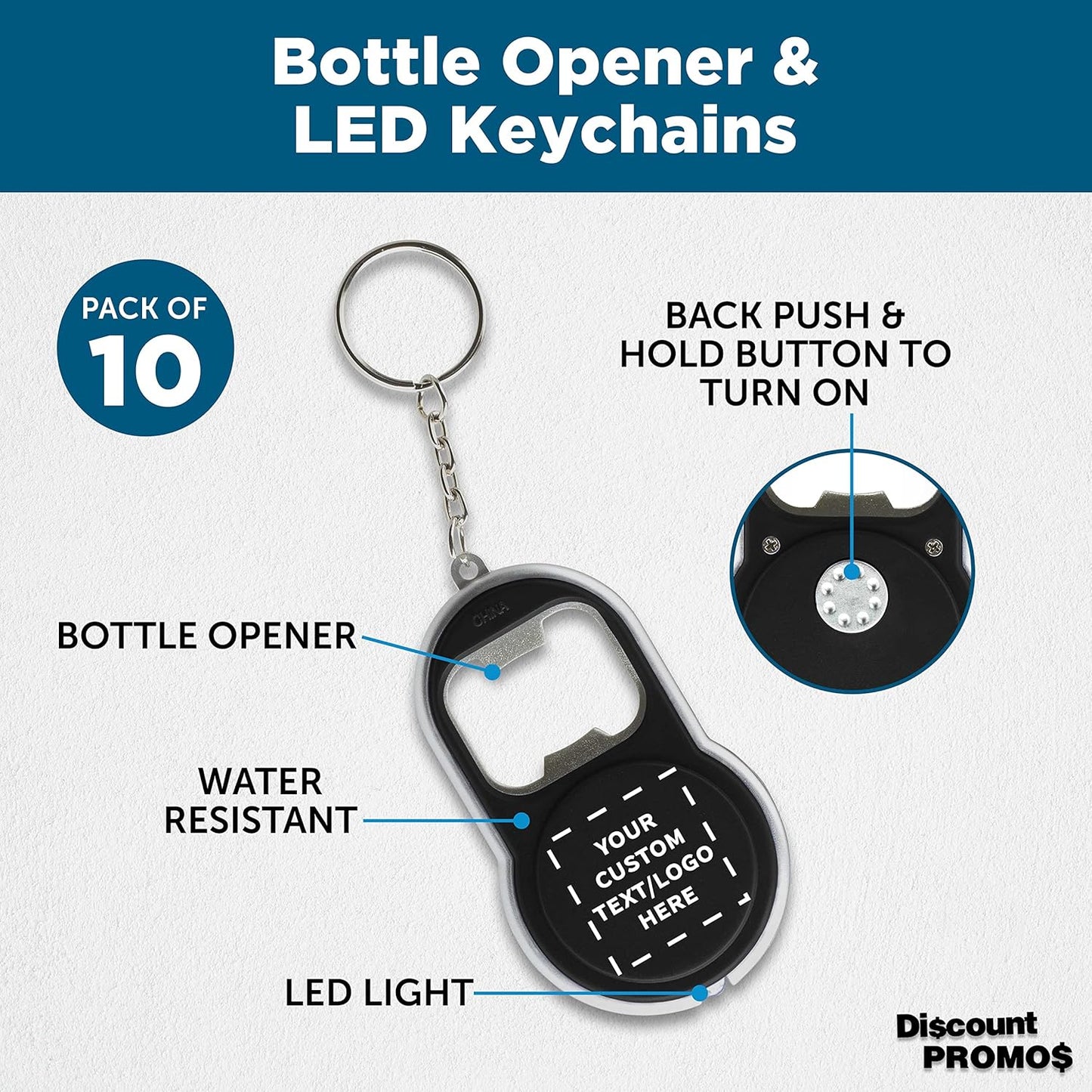 DISCOUNT PROMOS Custom Bottle Opener & LED Keychains Set of 10, Personalized Bulk Pack - Perfect for Tradeshows, Party Favors, Other Events - Black