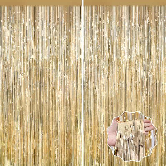 2Pack Champagne Gold Backdrop Birthday Decorations Foil Curtain Backdrop Gold Streamers Dance Party Decors Photo Booth Props for Bachelorette Decors Christmas Halloween New Years Eve Party Supplies