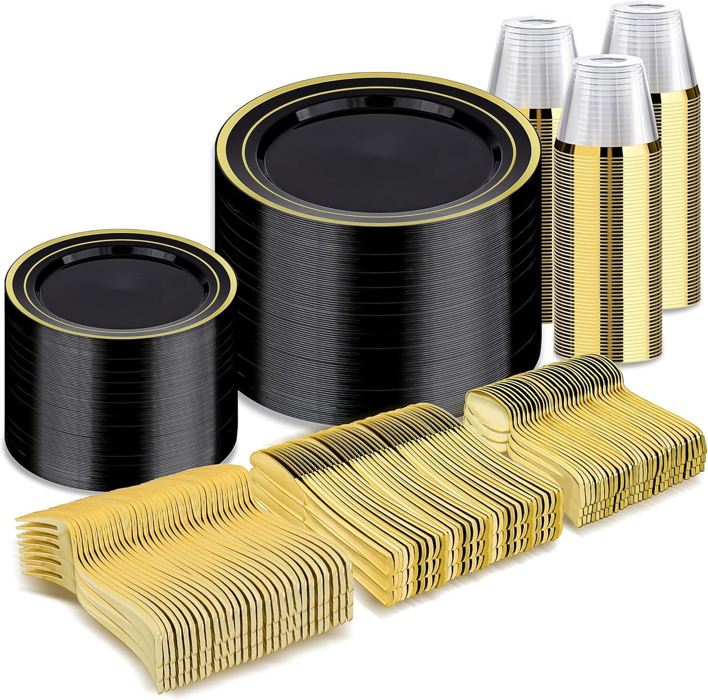 BESTVIP 600PCS Black Gold Dinnerware Set for 100 Guests, Plastic Plates for Halloween Party and Christmas, 100 Disposable Plates, 100 Dessert Plates, 100 Cups, 100 Spoons, 100 Forks and 100 Knives
