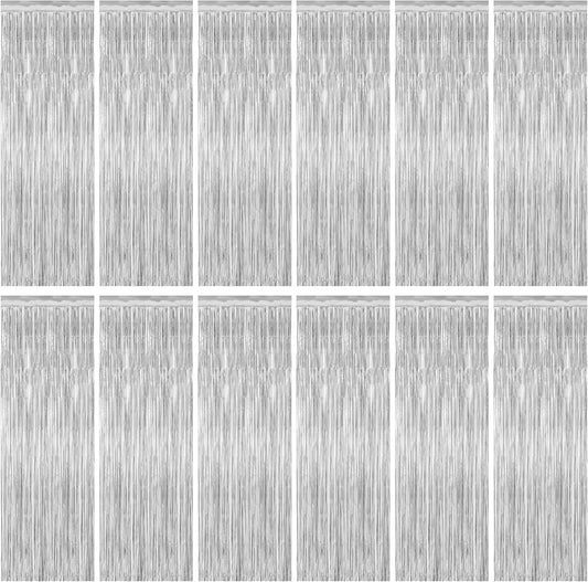 12 Pack Silver Backdrop. 3.28 FT x 7.05 FT Birthday Decorations, Metallic Silver Fringe Backdrop Foil Curtains Tinsel, Disco Party Decor Photo Booth Props Door Decorations Hanging