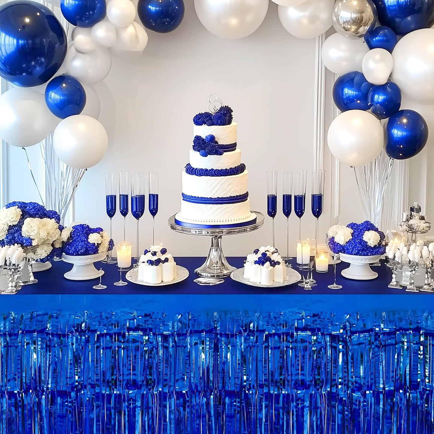 2 Pack Dark Blue Table Skirts, 29x108" Metallic Foil Tinsel Fringe Table Skirts for Rectangle Tables Streamer Curtains Backdrop, Party Decorations for Birthdays Weddings Holidays