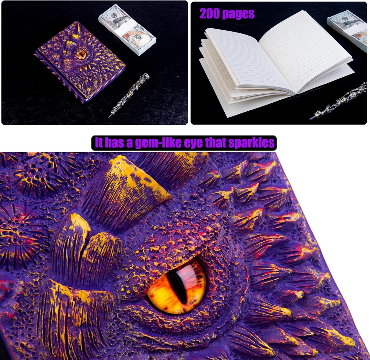 3D Dragon Eye Embossed Journal,Resin Engraving Notebook,Dnd notebook for Dragon Lovers ，Blank Paper,Hardcover Travel Notepad for Writing,Sketchbook,Collection,Gift,Decoration A4 and A5 Size (A5-Purple-Lined)