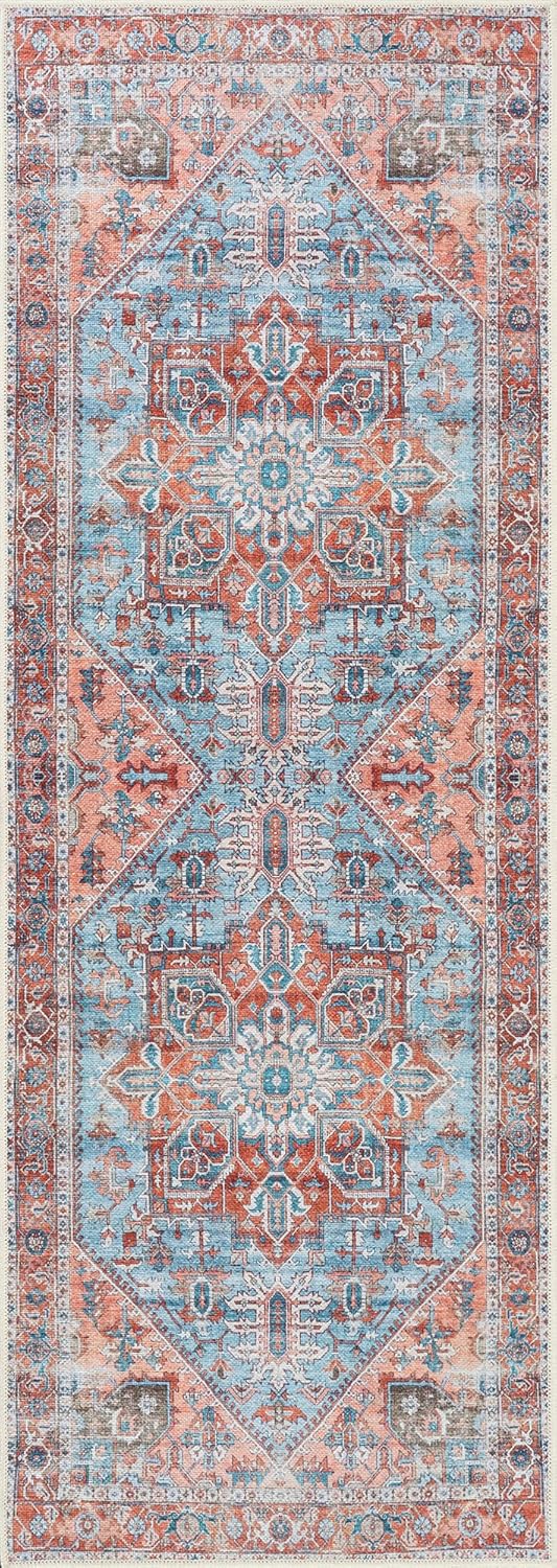 Bloom Rugs Washable Non-Slip 10 ft Runner - Coral/Sky Blue Traditional Medallion Runner for Entryway, Hallway, Bathroom, and Kitchen - Exact Size: 2.5' x 10'