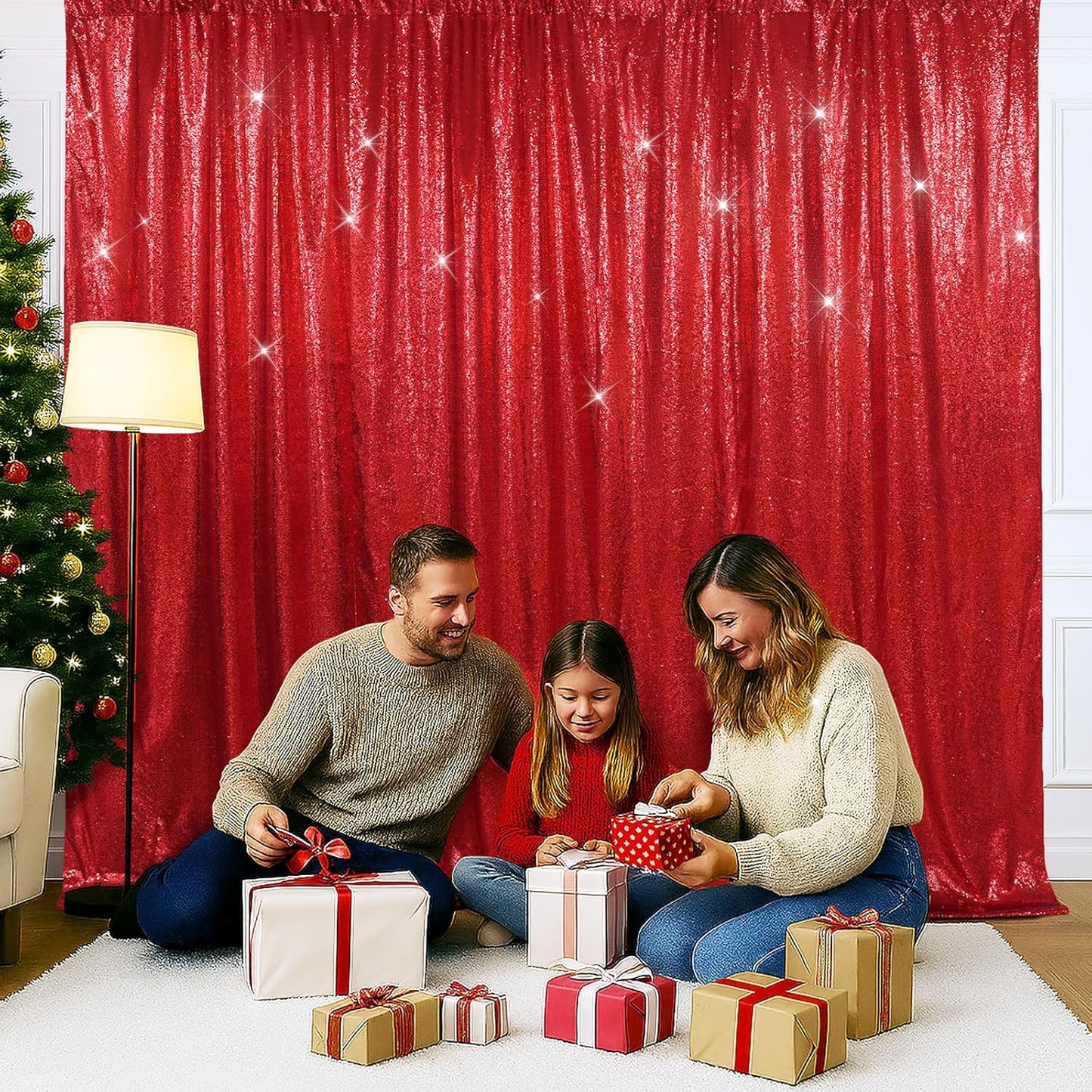 SquarePie Sequin Backdrop Less Transparent Background Sparkly Curtain for Wedding Party 4FT x 7FT Red