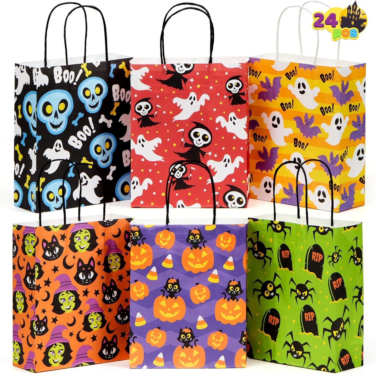 JOYIN 24 Pcs Halloween Paper Goodie Bags with Handles in 6 designs for Halloween Trick or Treat, Colorful Candy Bags for Party Favor, Party Supplies