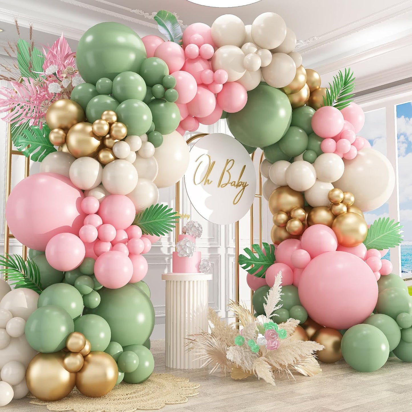 412Pcs Pink and Green Balloon Garland Arch Kit -Different Sizes 18 12 10 5inch Sage Green and Pink White Sand Gold Different Size Balloons for Girl Birthday Jungle Safari Woodland Party Decorations