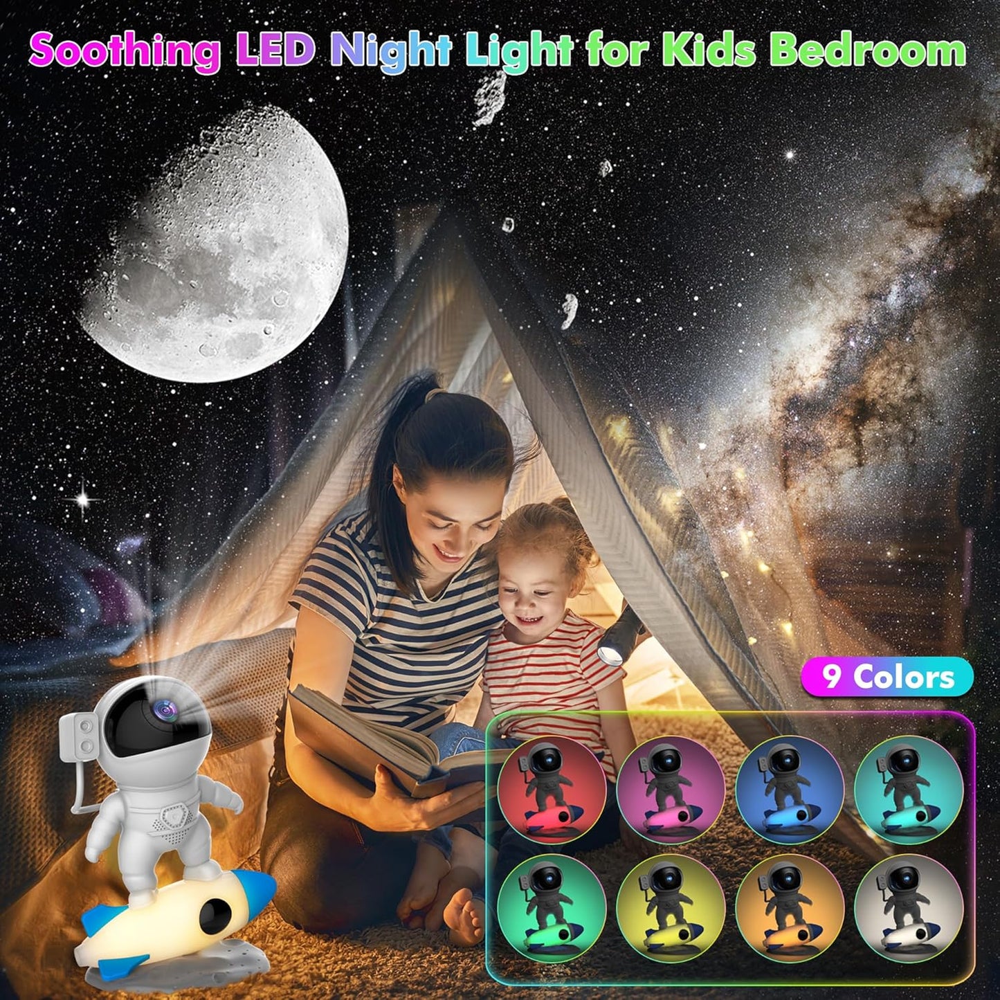 Astronaut Galaxy Projector Light for Bedroom, 12-in-1 HD Nebula Northern Lights Projector with 360° Rotating Projection, Fixed Rocket Night Light with Timer, Gift for Boys Girls Kids