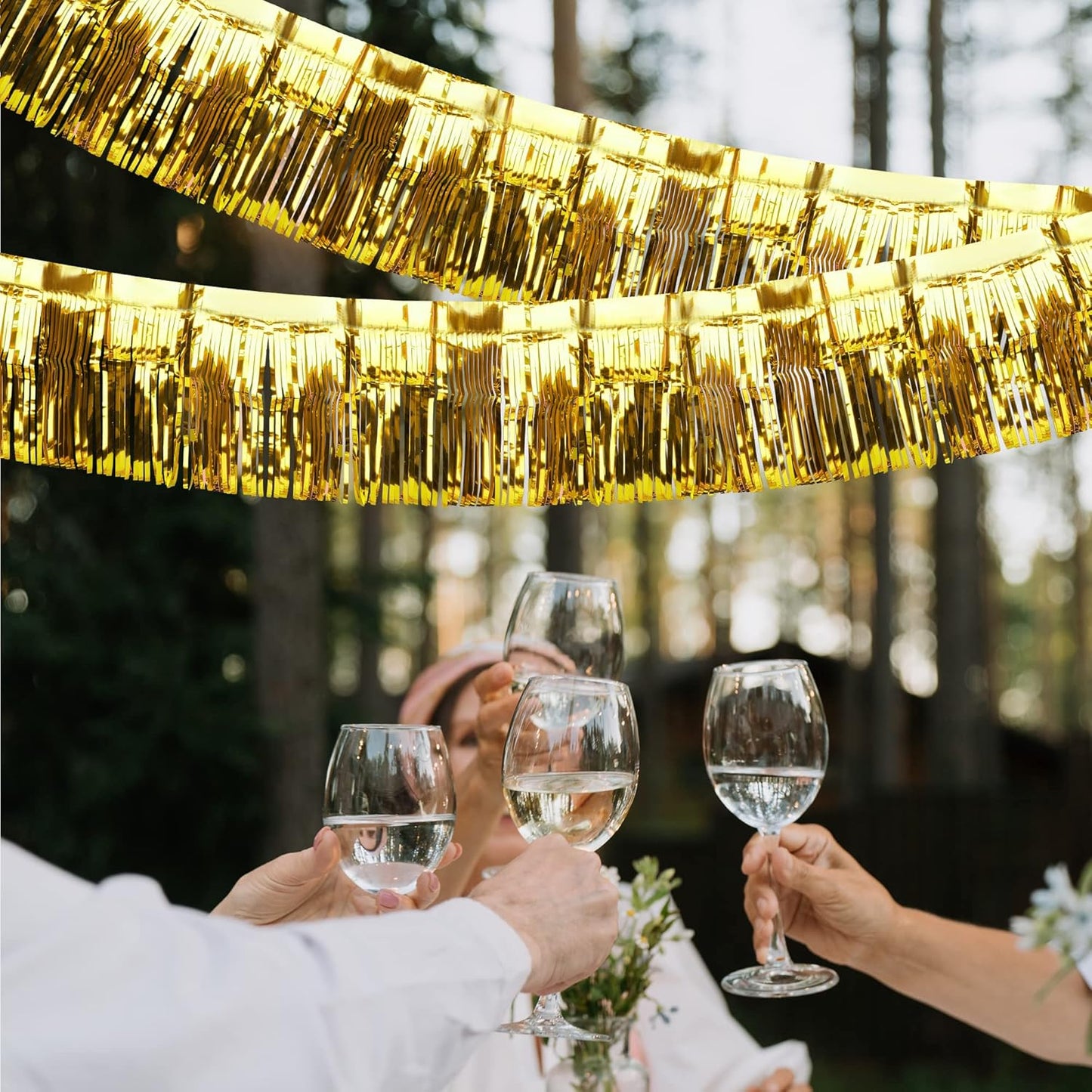 4 Pack Iridescent Float Fringe Curtains, Metallic Foil Fringe Garland Shiny Tassel Foil Float Parade Float Decorations for Trailer Car Graduation Homecoming Outdoor Indoor Party (Gold)