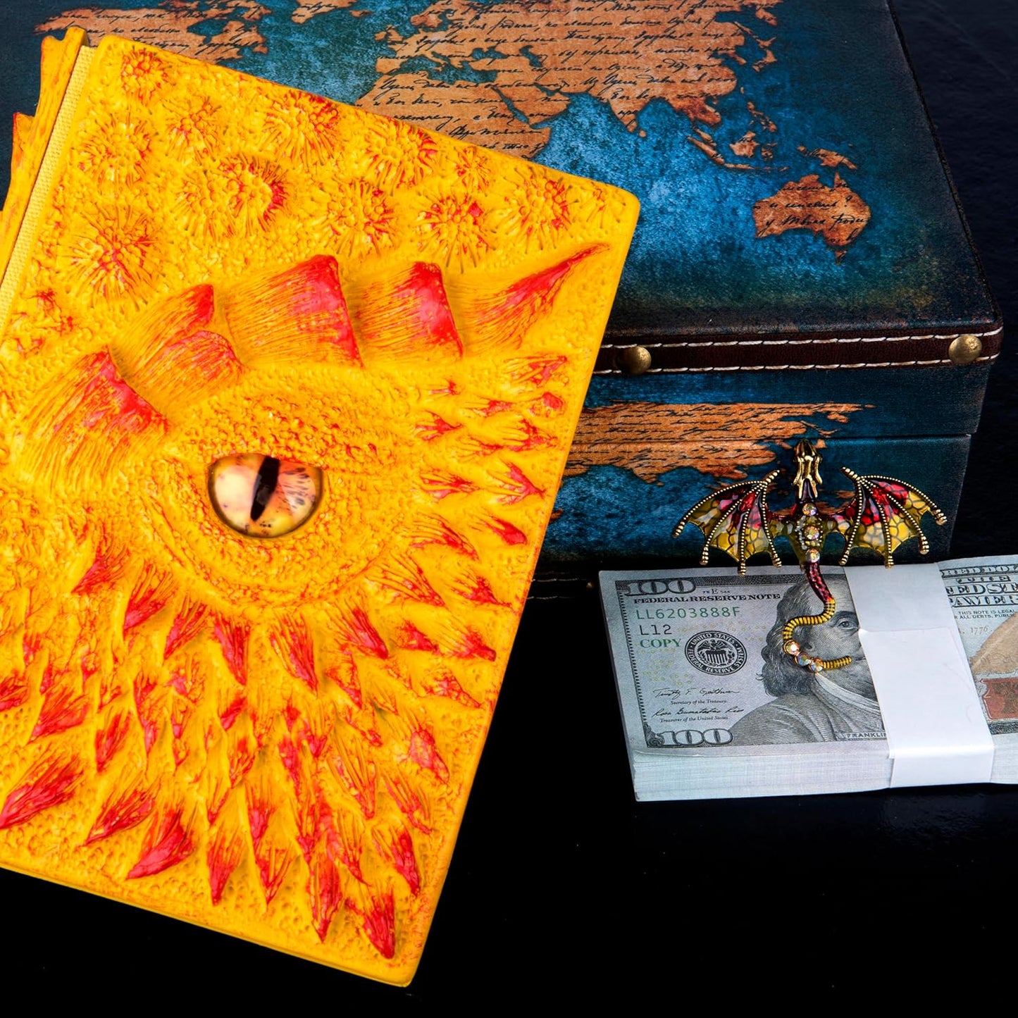3D Dragon Eye Embossed Journal,Resin Engraving Notebook,Dnd notebook for Dragon Lovers ，Blank Paper,Hardcover Travel Notepad for Writing,Sketchbook,Collection,Gift,Decoration A4 and A5 Size (A5-Yellow with brooch)