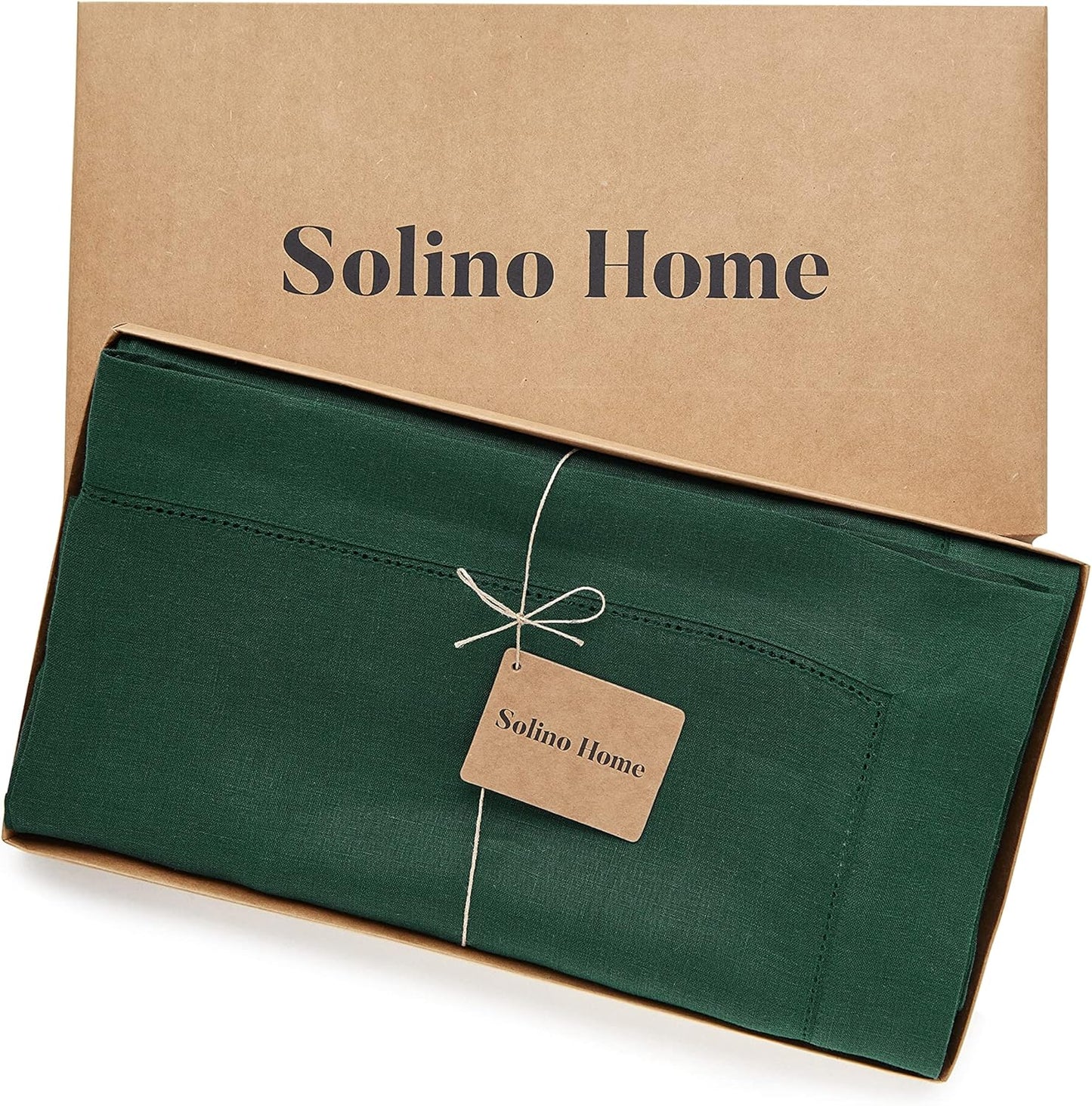 Solino Home Rainforest Green Linen Tablecloth 60 x 108 Inch - Classic Hemstitch, 100% Pure Linen Rectangular Tablecloth - Machine Washable Table Cloth for Fall, Thanksgiving, Christmas, Holiday