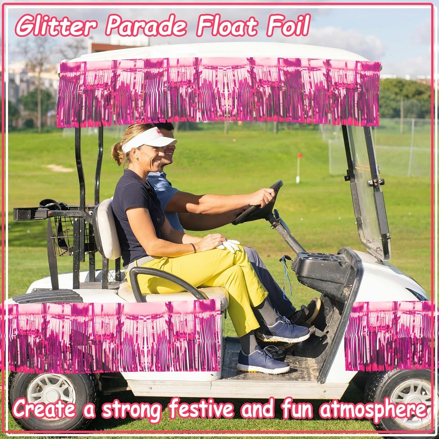 4 Pack Float Fringe Curtains, Metallic Foil Fringe Garland Shiny Tassel Foil Float Parade Float Decorations for Trailer Car Graduation Homecoming Valentine Outdoor Indoor Party (Pink)