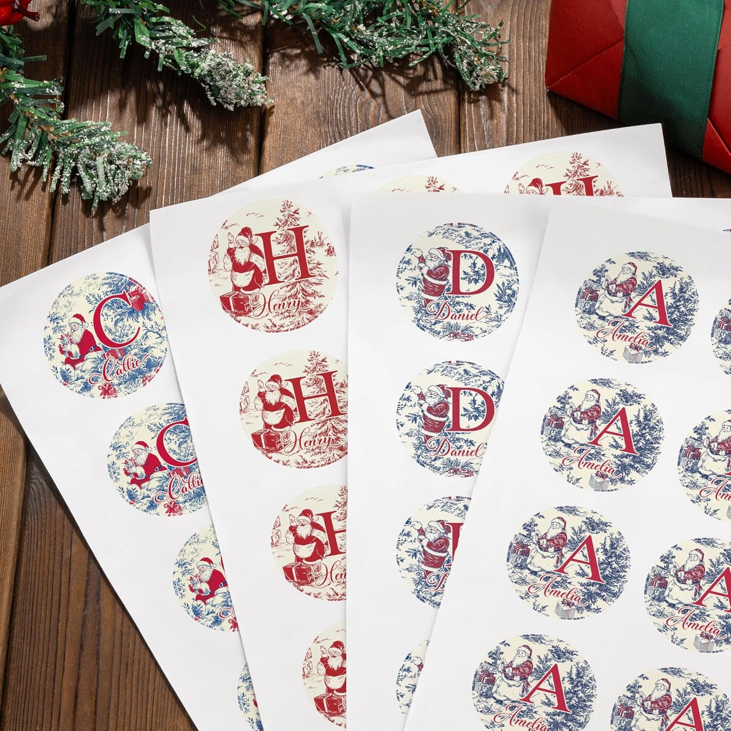 30pcs Personalized Christmas Stickers with Name, Custom Toile De Jouy Style Santa Claus Waterproof Christmas Gift Tags for Gift Box Holiday Decorations, Stockings, Party Favors