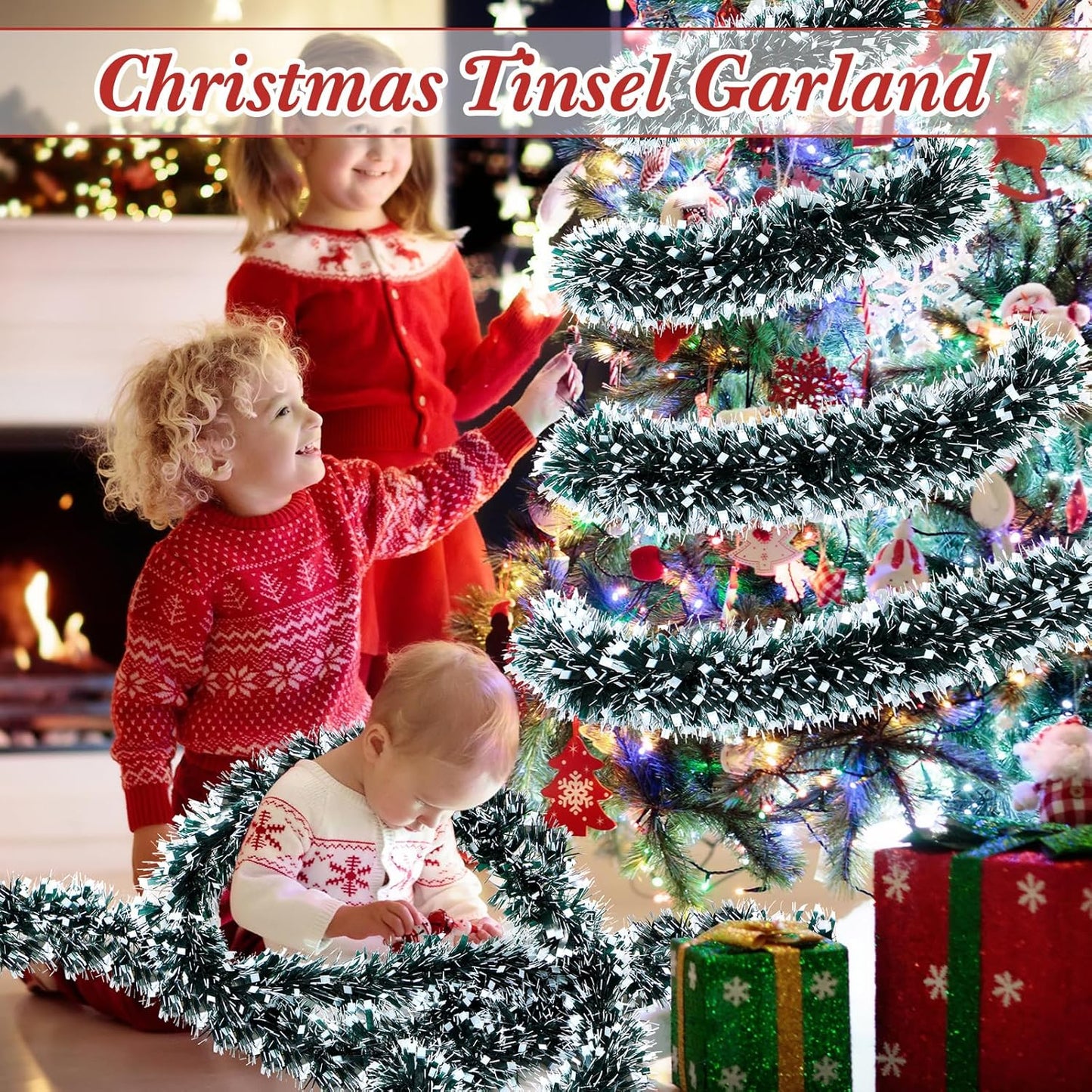 72 Feet Christmas Tinsel Garland Shiny Metallic Tinsel Twist Garland Streamers Ornaments Long Glitter Christmas Tree Hanging Decorations for Party Holiday Wedding Birthday Tree (Dark Green, Black)