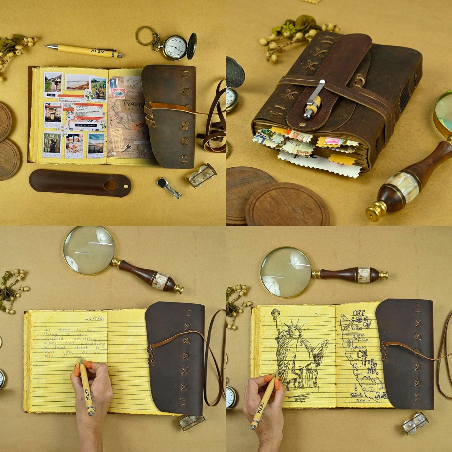 Leather Journal Notebook for Men & Women Daily Vintage Leather Bound Journal Travel Notebook 200 Deckle Lined Paper Diary Writing Journal Travelers Scrapbook Poetry Sketchbook Leather Gifts with Pen