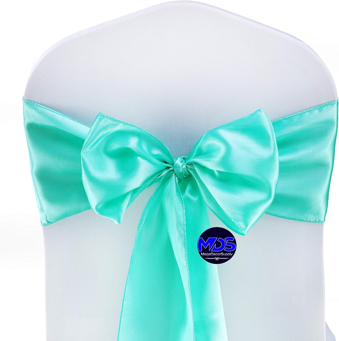 MDS Pack of 300 PCS Satin Chair Sashes Charmeuse Sateen Dining Chair Bows Ribbon Ties Back Sash for Wedding Party Birthday Home Hotel Restaurant Banquet Decoration (7 x 108 Inch, Sea Green)