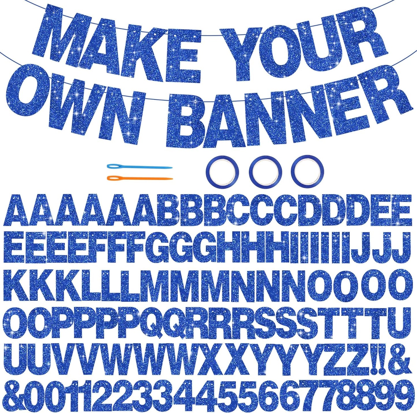 BEISHIDA 116 PCS A-Z Glitter Blue DIY Letter Banner Kit Make Your Own Banner，Including 111 Letters and Numbers 3 Rope and 2 Threading Device,Customized for Birthday Graduation Wedding Party Decor