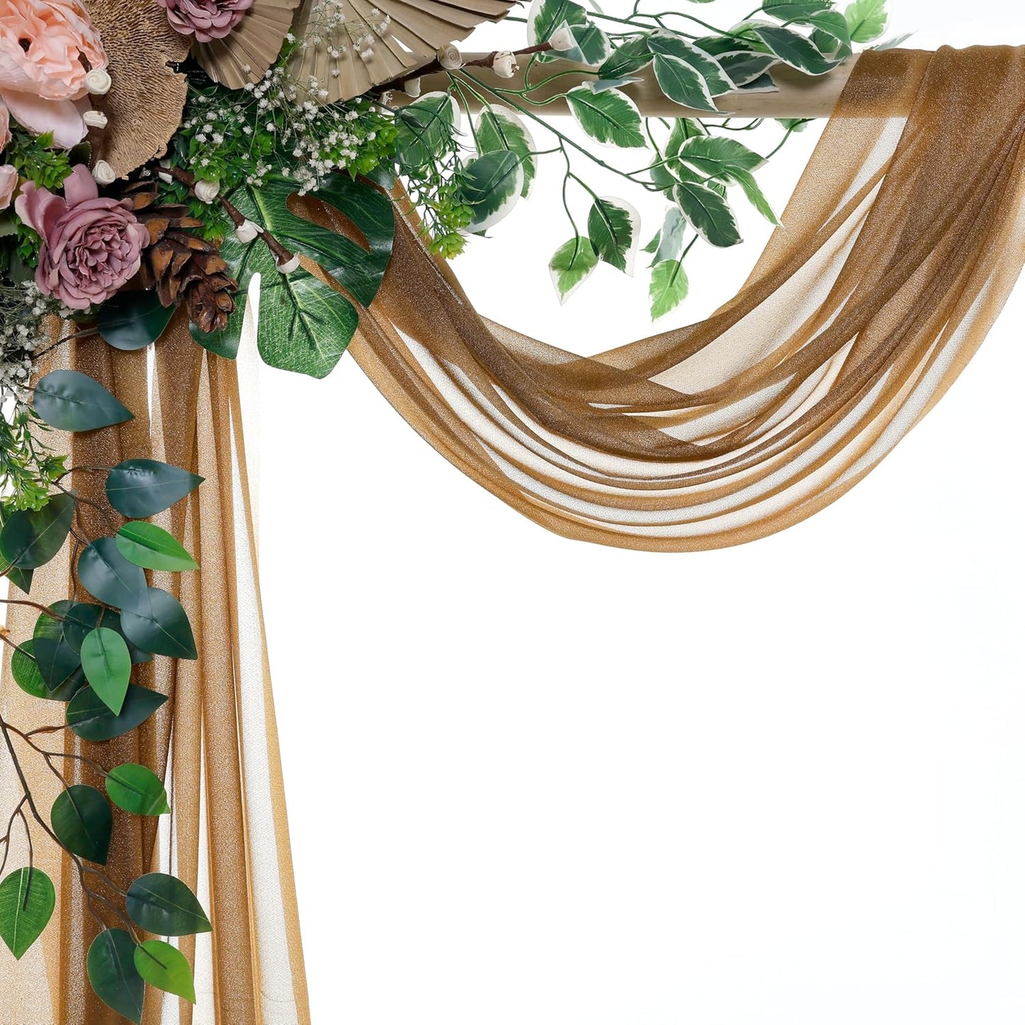 VDS Pack of 2 Panel (30 Inch X 100 Feet) Wedding Arch Draping Fabric Sheer Chiffon Fabric Drapery for Wedding Ceremony Reception Swag Backdrop Canopy Chuppah ARBO Altars Decoration (Mocha)