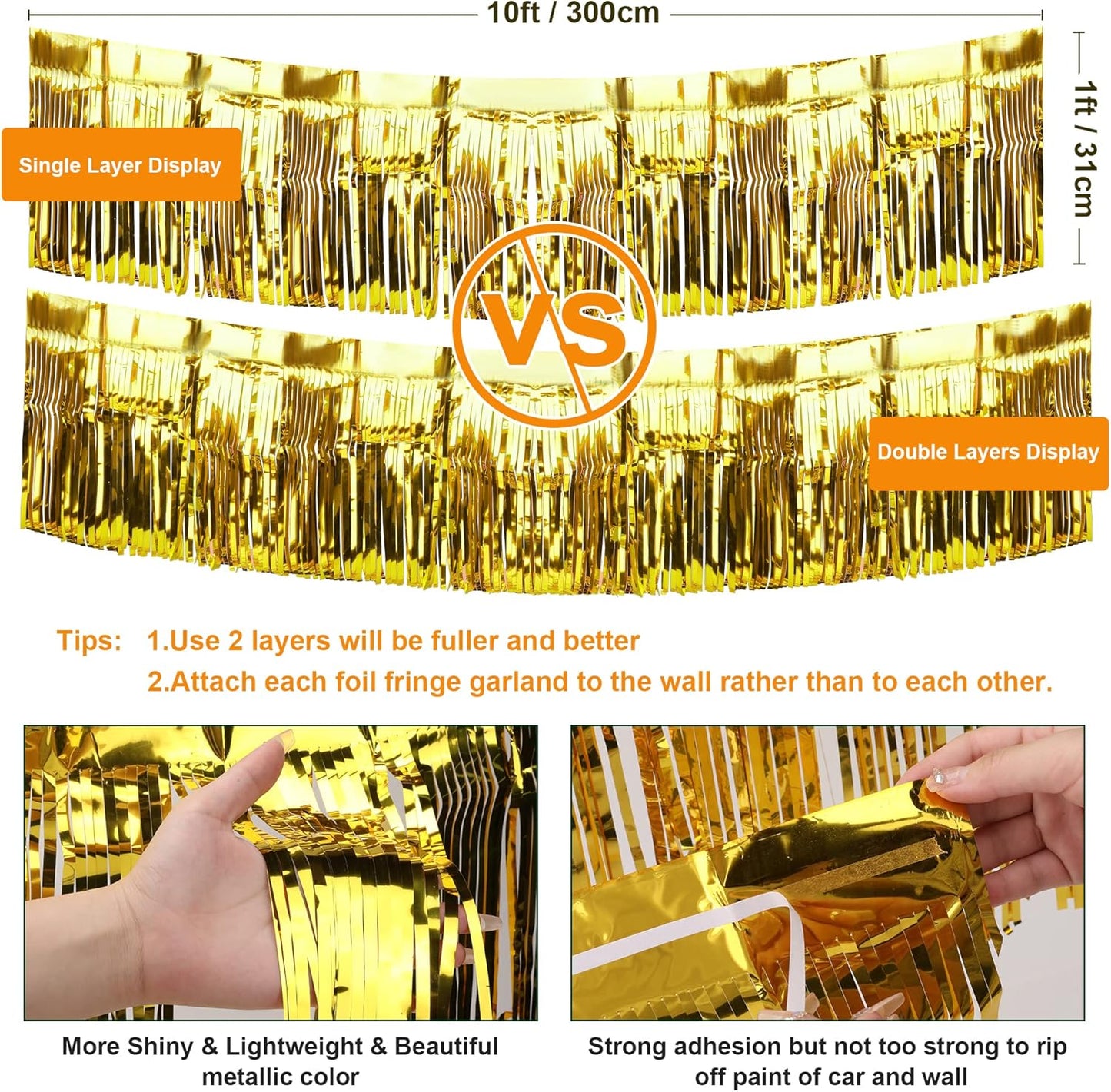 4 Pack Iridescent Float Fringe Curtains, Metallic Foil Fringe Garland Shiny Tassel Foil Float Parade Float Decorations for Trailer Car Graduation Homecoming Outdoor Indoor Party (Gold)