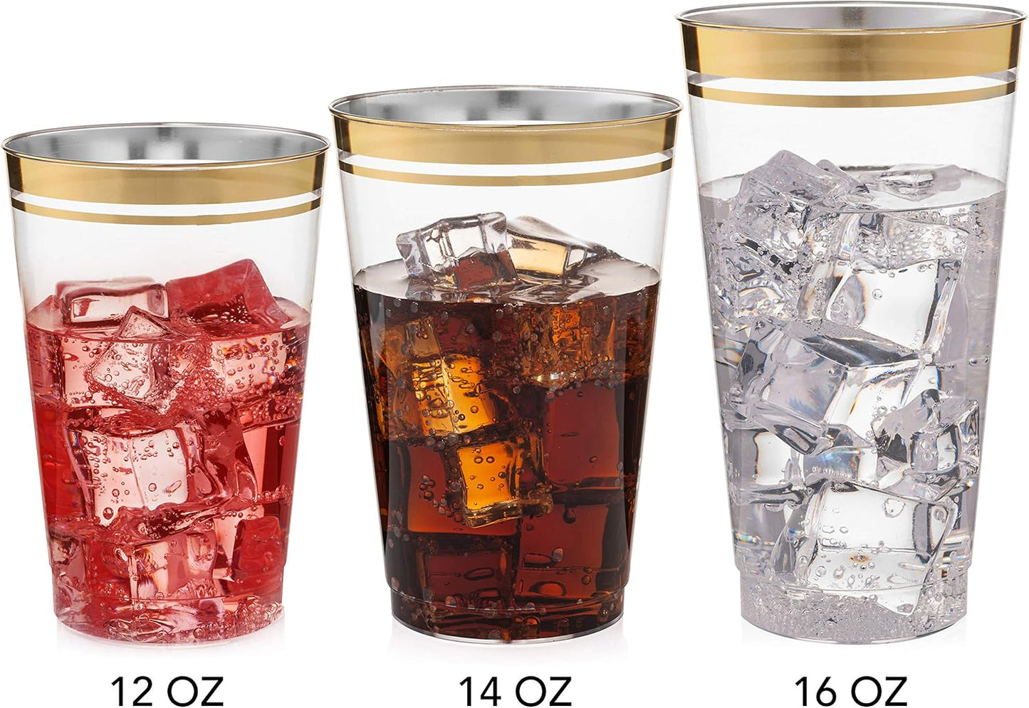 Perfect Settings Gold Rimmed Disposable Plastic Cups, Clear Hard Plastic Drinking Glasses for Cold Beverages & Cocktails, BPA-FREE, Disposable Wedding Cups, 16 oz. (Pack of 100)