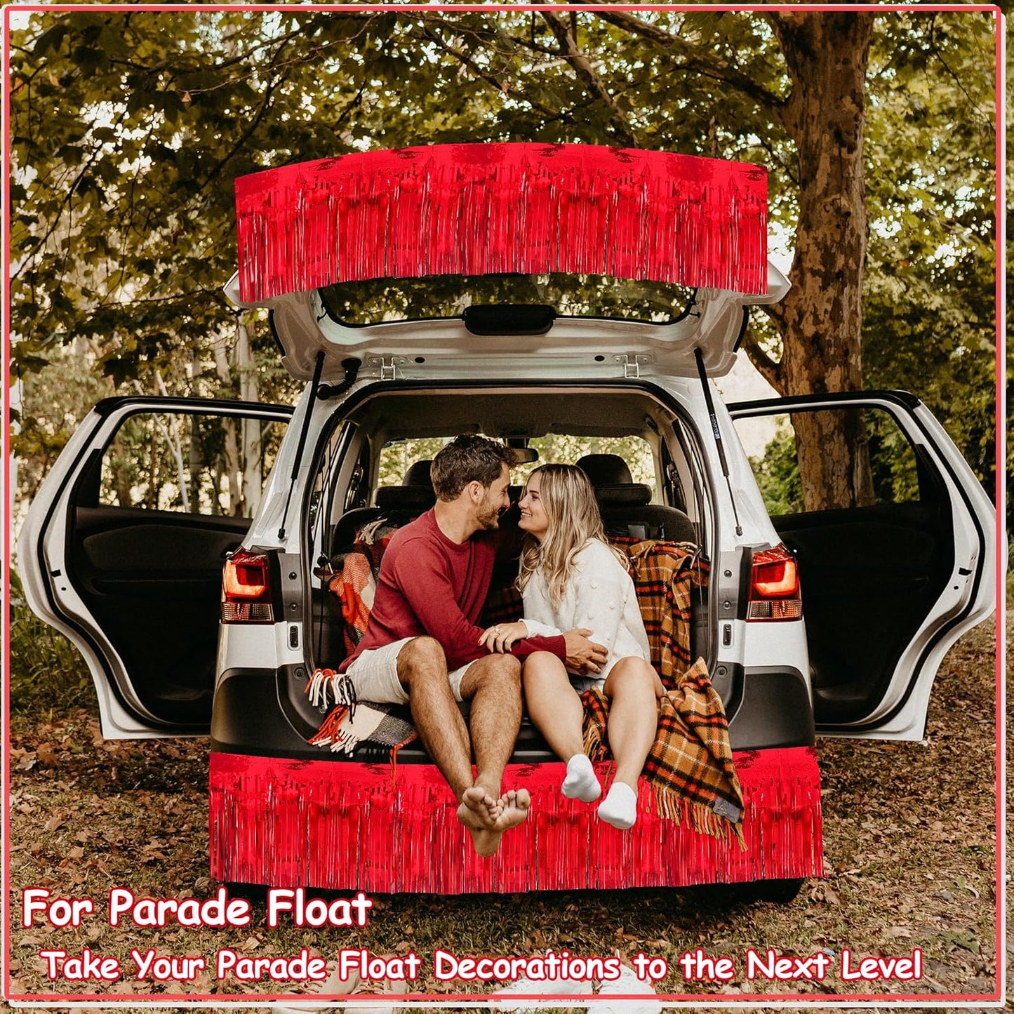 4 Pack 10 Feet Glitter Red Parade Float Decorations for Trailer Car, Glitter Foil Fringe Metallic Tinsel Streamers Banner Garland for Graduation Weeding Homecoming Birthday Party (Glitter- Red)