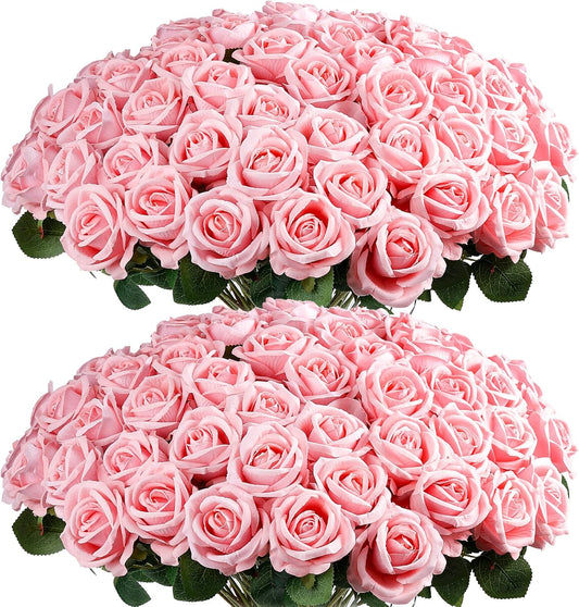 Auihiay 60PCS Pink Roses, Artificial Roses, Velvet Silk Fake Roses, Realistic Pink Artificial Flowers for Wedding Centerpieces, Bridal Bouquets, Home Decor, Anniversary, Valentine's Day Decorations
