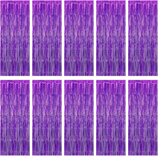 10 Pack Purple Foil Curtain Backdrop 3.2ft x 9.8ft Black Metallic Tinsel Foil Fringe Curtains Streamer Photo Booth Backdrop for Birthday Party Engagement Bachelorette Party Decorations (Purple)