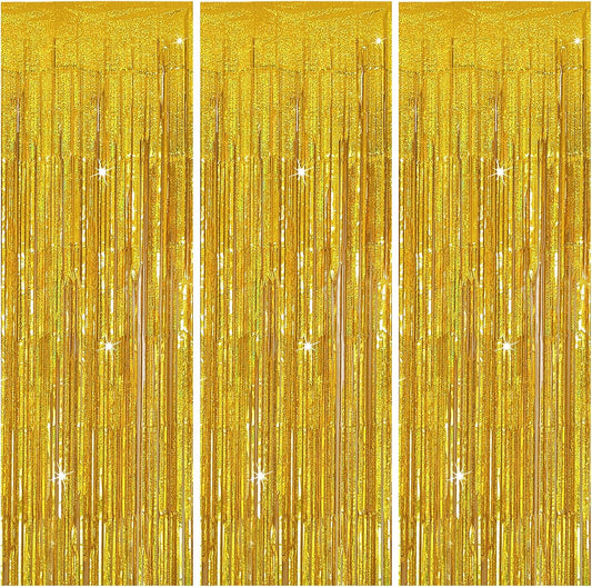 3 Pack Gold Backdrop Birthday Decorations Foil Curtain Backdrop Gold Streamers Dance Party Decorations Photo Booth Props for Bachelorette Decorations Christmas Halloween New Years Eve Party Supplies