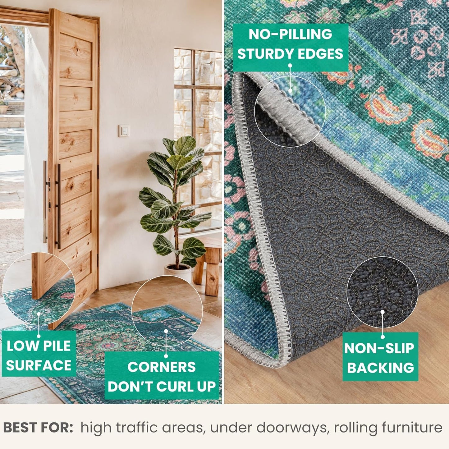 Bloom Rugs Washable Non-Slip 5' x 7' Rug - Green Traditional Medallion Area Rug for Living Room, Bedroom, Dining Room, and Kitchen - Exact Size: 5' x 7'