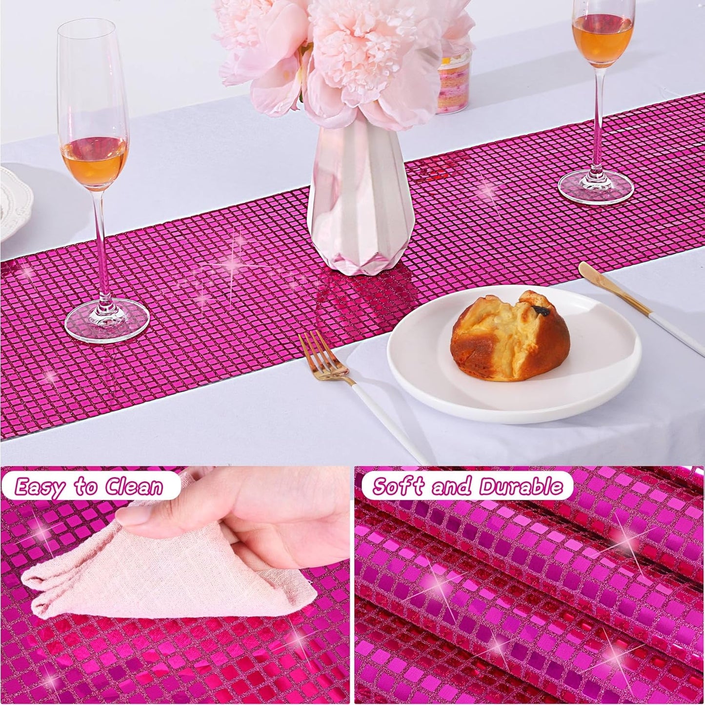Durony 4 Pack Disco Table Runner 11 x 108 Inch Mirror Hot Pink Glitter Foil With Sparkle Sequin for Bachelorette, 70s, Cowgirl Party Decorations
