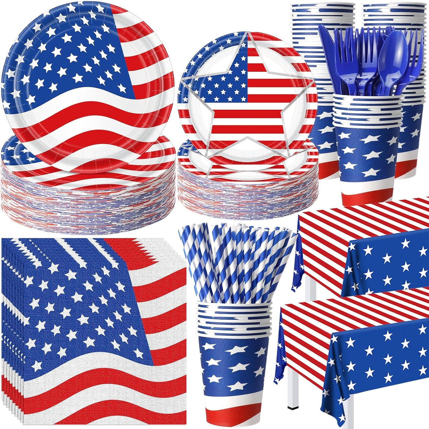 452 Pcs American Flag Party Supplies Veterans Day Decorations for 50 Guests, Patriotic Paper Plates Napkins Cups Tablecloth Cutlery Straws for USA 4th of July Party Supplies