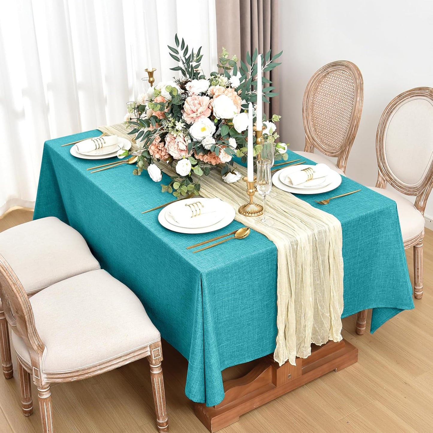 Fitable Faux Linen Tablecloths for Rectangle Tables: Water & Stain Resistant Farmhouse Table Cloth, Washable Burlap Textured Table Covers for Kitchen Dining Party(2 Pack, 60x120 Inch, Teal)