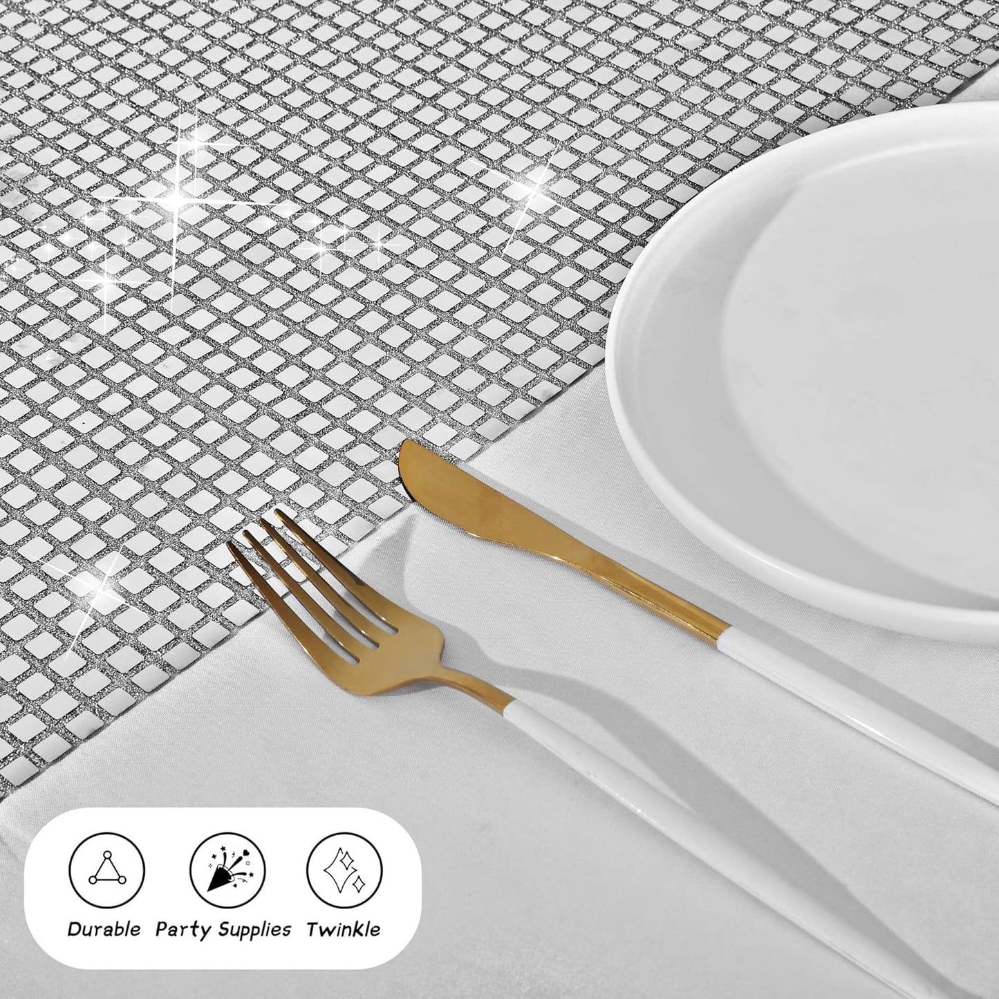 Durony 6 Pack Disco Party Table Runners, 11 x 108 Inch Silver Glitter Foil with Sparkle Sequin, Ideal for Bachelorette, 70s, Disco, Cowgirl Parties