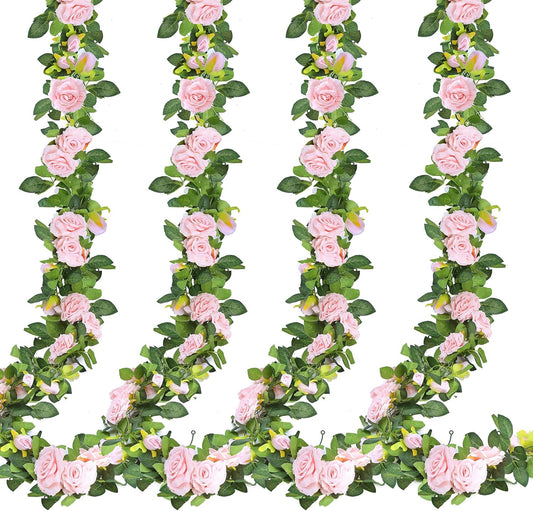 Sggvecsy 4Pcs 31Ft Artificial Rose Vine Fake Flower Garland Floral Garland Faux Silk Hanging Vine Rose Ivy Vines for Wedding Arch Party Wall Garden Ceremony Background Outdoor Decor (Pink)