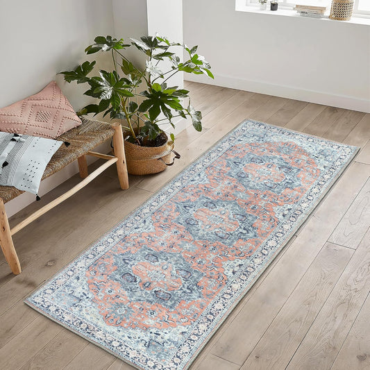 Bloom Rugs Washable Non-Slip 7 ft Runner - Coral/Blue Traditional Medallion Runner for Entryway, Hallway, Bathroom, and Kitchen - Exact Size: 2.5' x 7'