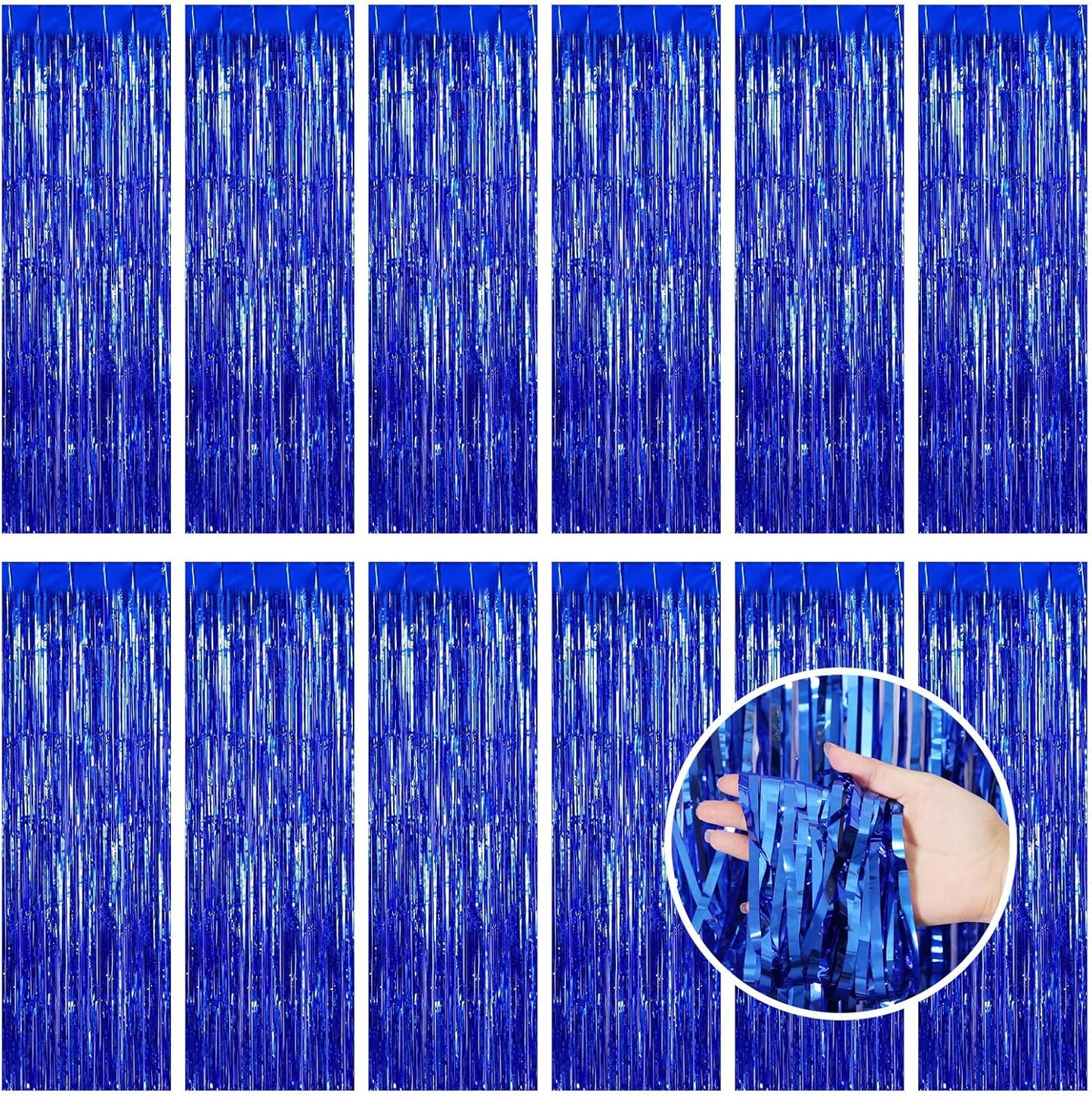 Blue Fringe Curtain Party Streamers, 12 Pack 3.3ft x 8.2 ft Foil Curtain Backdrop Tinsel Foil Fringe Curtains Photo Booth Backdrop Streamer for Birthday, Wedding, Baby Shower, Disco Party