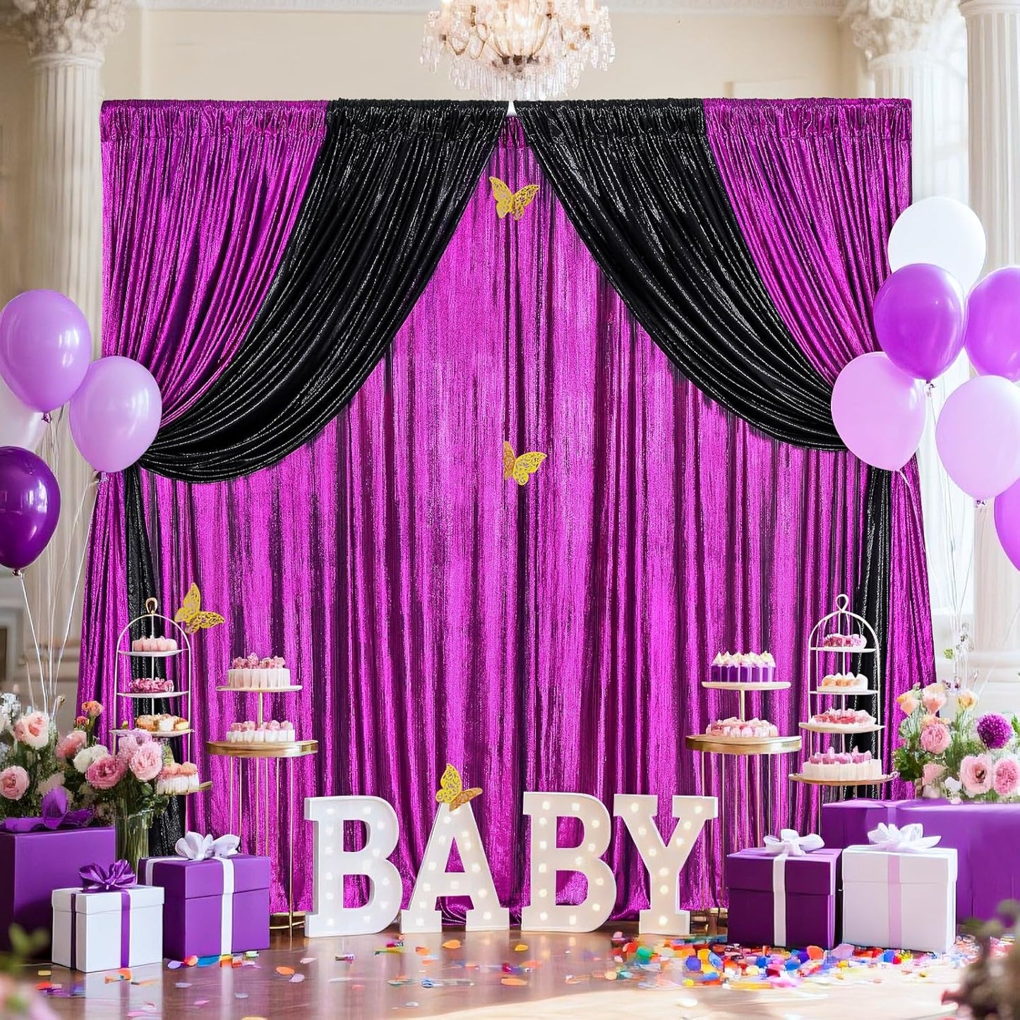 Glitter Sequin Backdrop Curtains for Halloween - 19.2x8FT Wrinkle-Free Glitter Drapes Purple Photo Backdrop Drapes for Wedding Birthday Photography Background 4 Panels 4.8x8FT