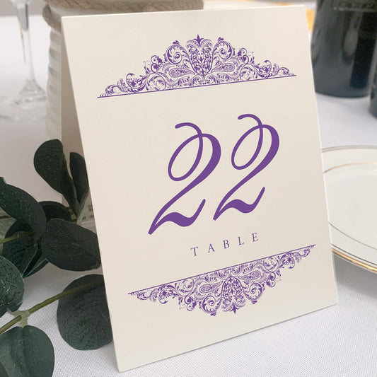 Paisley Wedding Table Numbers (Select Color/Quantity), Champagne, Purple, 1-175, Double Sided, Tent or Use in a Stand, Great for Parties & Restaurants - Made in the USA