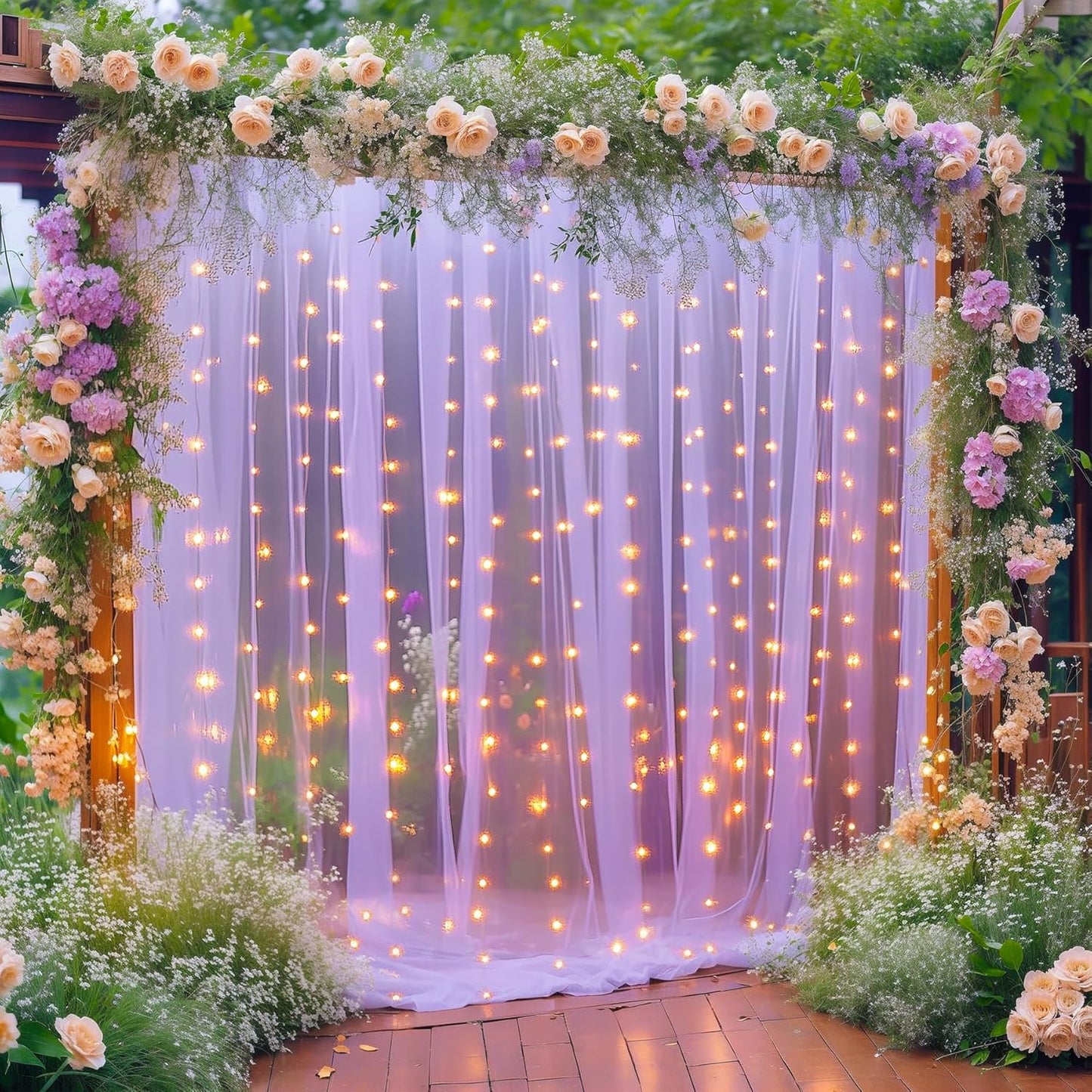 10×10ft Purple Tulle Backdrop Curtain with Lights String for Parties, Sheer Photo Curtain Backdrop Drapes for Wedding Party Photography Backgrounds