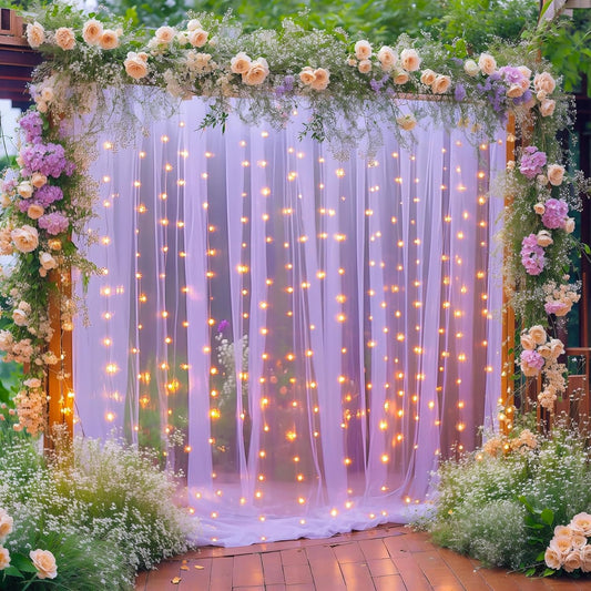 10×10ft Purple Tulle Backdrop Curtain with Lights String for Parties, Sheer Photo Curtain Backdrop Drapes for Wedding Party Photography Backgrounds