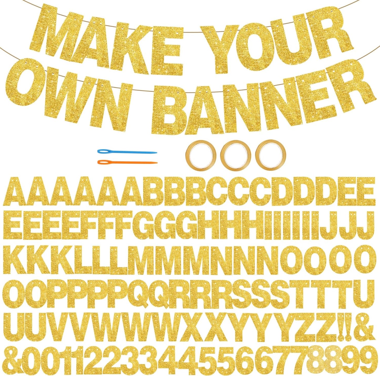 BEISHIDA 116 PCS A-Z Glitter Gold DIY Letter Banner Kit Make Your Own Banner，Including 111 Letters and Numbers 3 Rope and 2 Threading Device,Customized for Birthday Graduation Wedding Party Decor