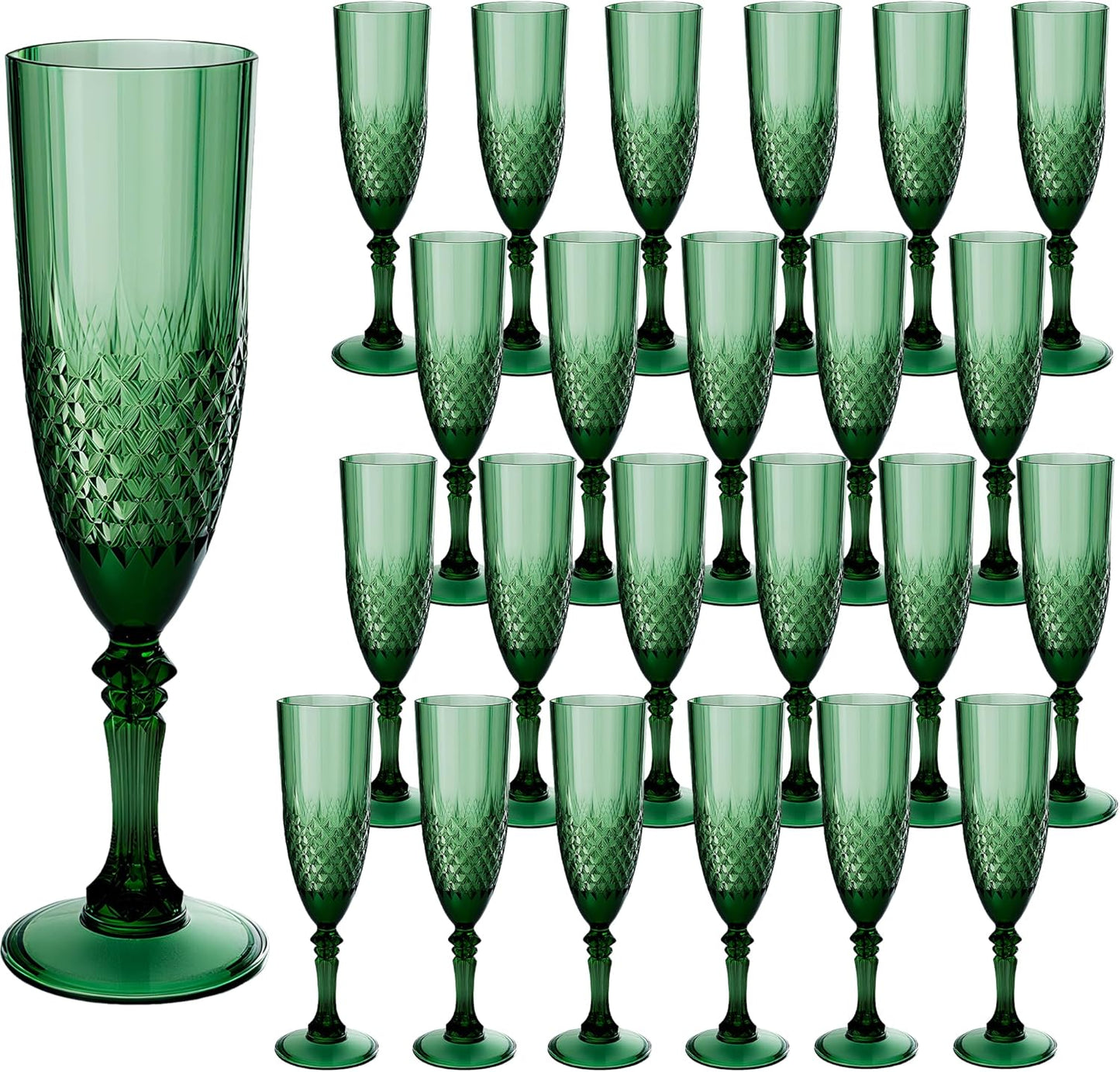 Plastic Champagne Flutes, 24PCS Dark Green Wine Glasses Goblets Cups Reusable Flute, for Christmas Weddings Bachelor Parties Toasting and Events(24, Dark Green)
