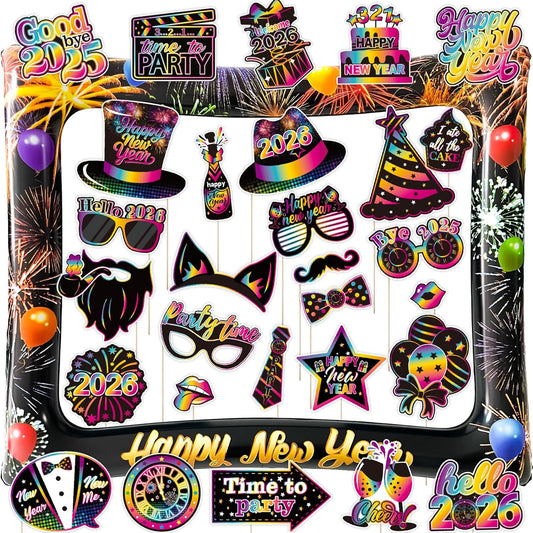 2026 New Year Photo Booth Inflatable Frame Kit, 30Pcs Fluorescent Color New Years Photo Booth Props with Inflatable Picture Frame for New Year Eve Party Selfie Props Supplies
