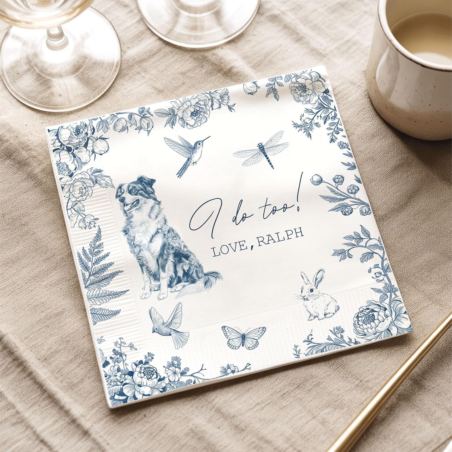 Luxury Personalized Dog Wedding Napkins, Custom Wedding Cocktail Napkins, Cocktail Bar Napkin For Reception, Napkin for Pet Lovers, Anniversary, Bridal, Engagement Party, Bridal Shower