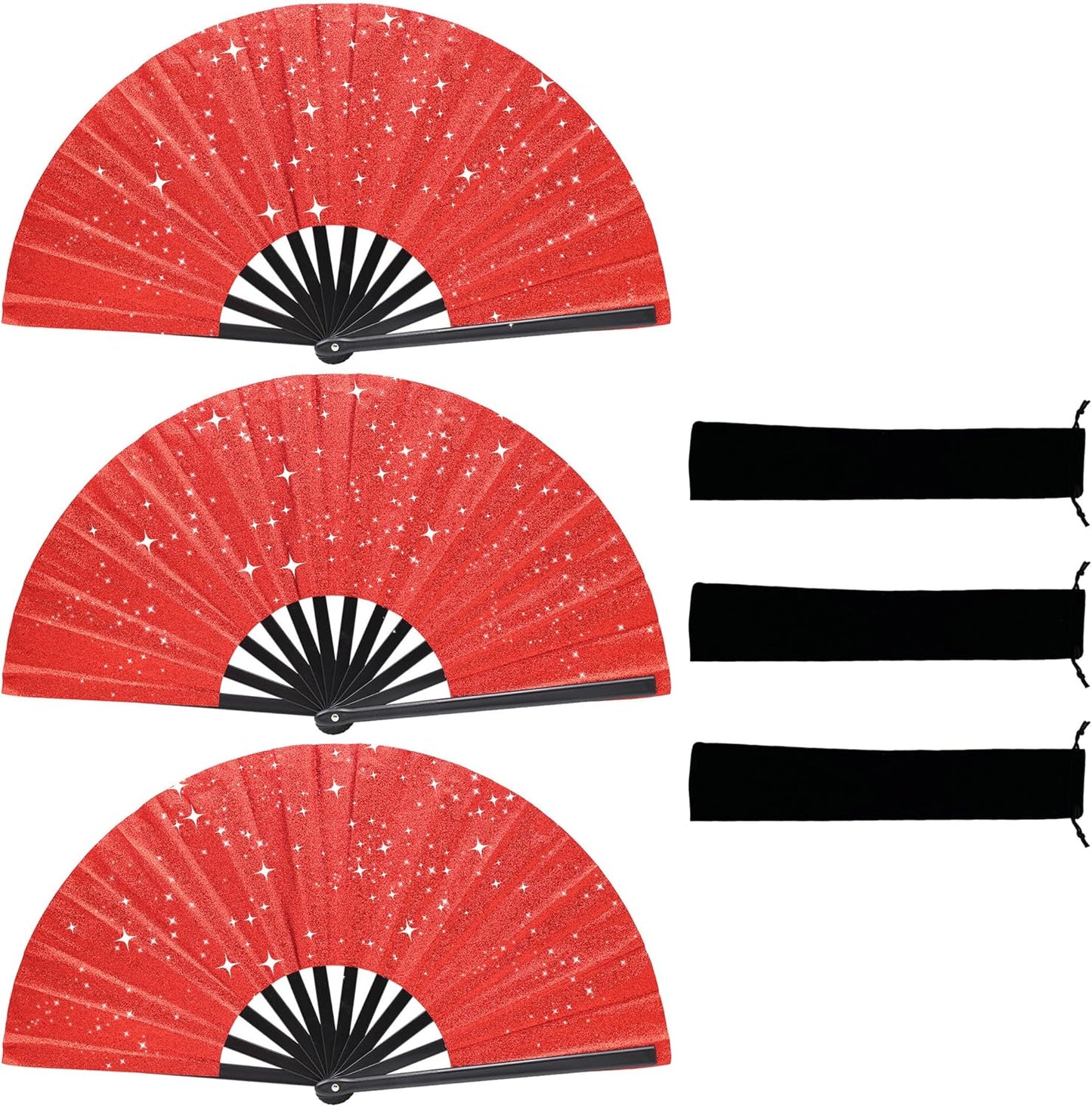 Glitter bling Large Folding Fan-Hand Fan Rave Clack Popping Fan for Line Dancing Clacking Fans for Boots On The Ground Dance, Party for EDM, Music Festival, Hot Flashes, Party, Decoration(3pcs red)
