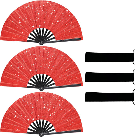Glitter bling Large Folding Fan-Hand Fan Rave Clack Popping Fan for Line Dancing Clacking Fans for Boots On The Ground Dance, Party for EDM, Music Festival, Hot Flashes, Party, Decoration(3pcs red)