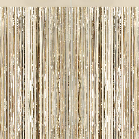 2Pack Champagne Gold Foil Fringe Backdrop Curtains, Tinsel Door Streamers, Fringe Backdrop for Graduation New Years Eve, Graduation, Birthday, Wedding, Baby Shower, Gender Reveal, Disco Party Decors