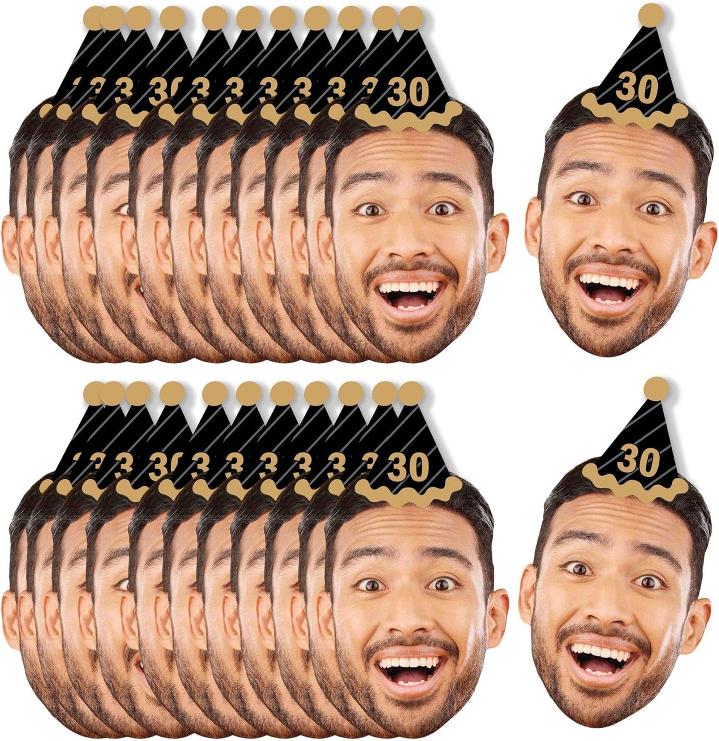 Big Dot of Happiness Custom Photo Adult Happy Birthday - Black & Gold Personalized Birthday Party DIY Paper Shaped Fun Face Cut-Outs - 24 Count