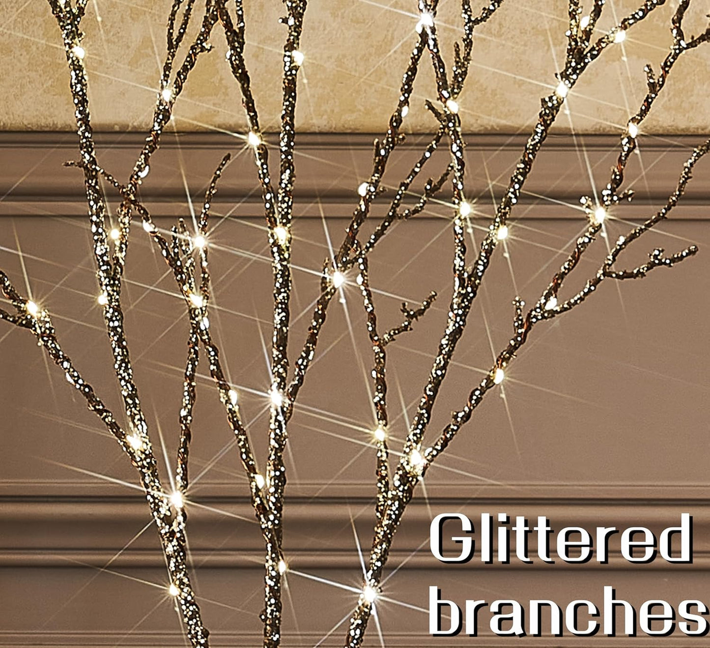 Fudios Lighted Willow Branches Christmas Glitter Battery Operated 32IN 120 LED Fairy Lights, Brown Branch Lights for Home Holiday Decoration Indoor Outdoor