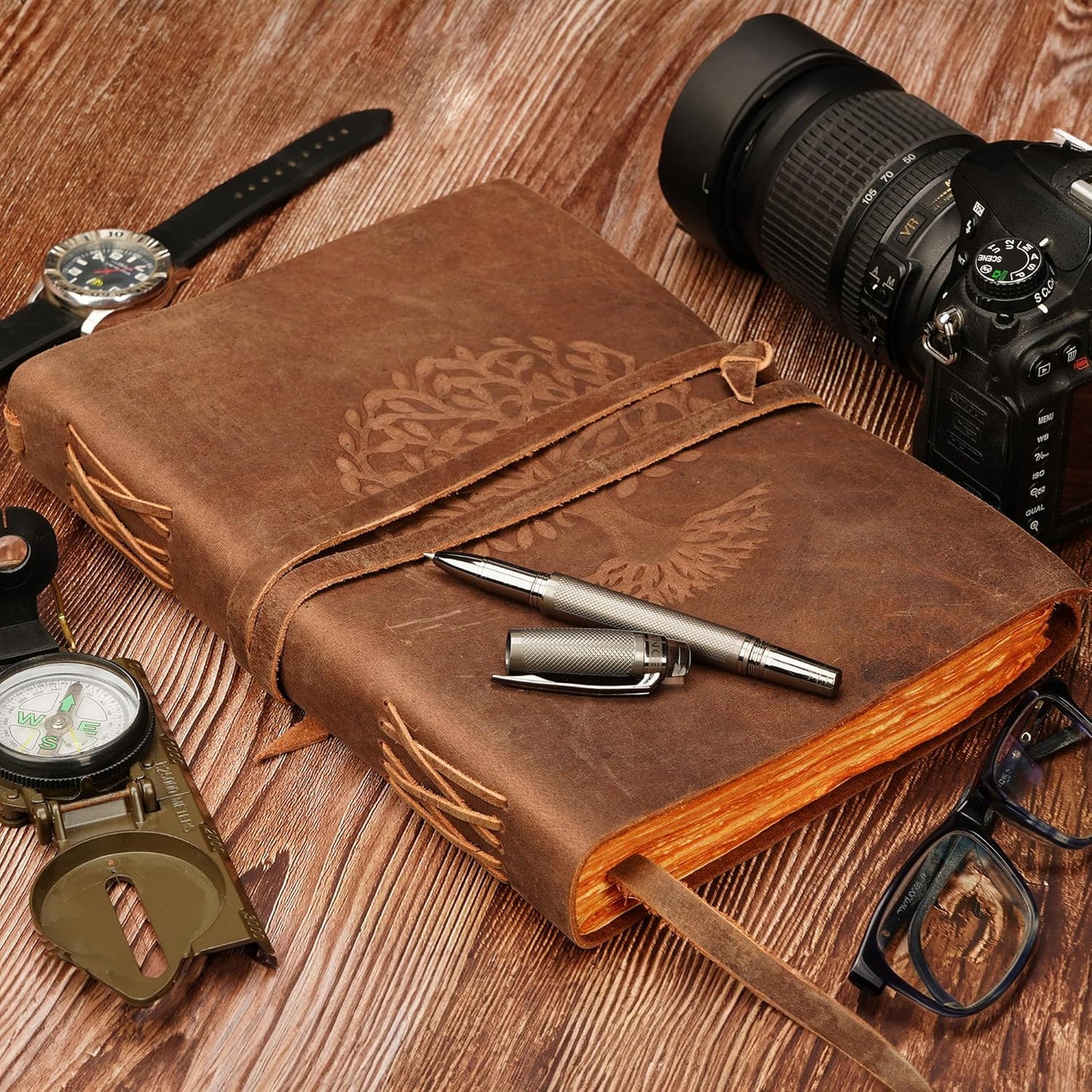 LUXEORIA Tree Of Life Leather Journal for Women and Men, Handcrafted Leather Journal for Writing Womens, Sketchbook, Travel Diary with Unlined Deckle Paper, Distressed Brown 7x10