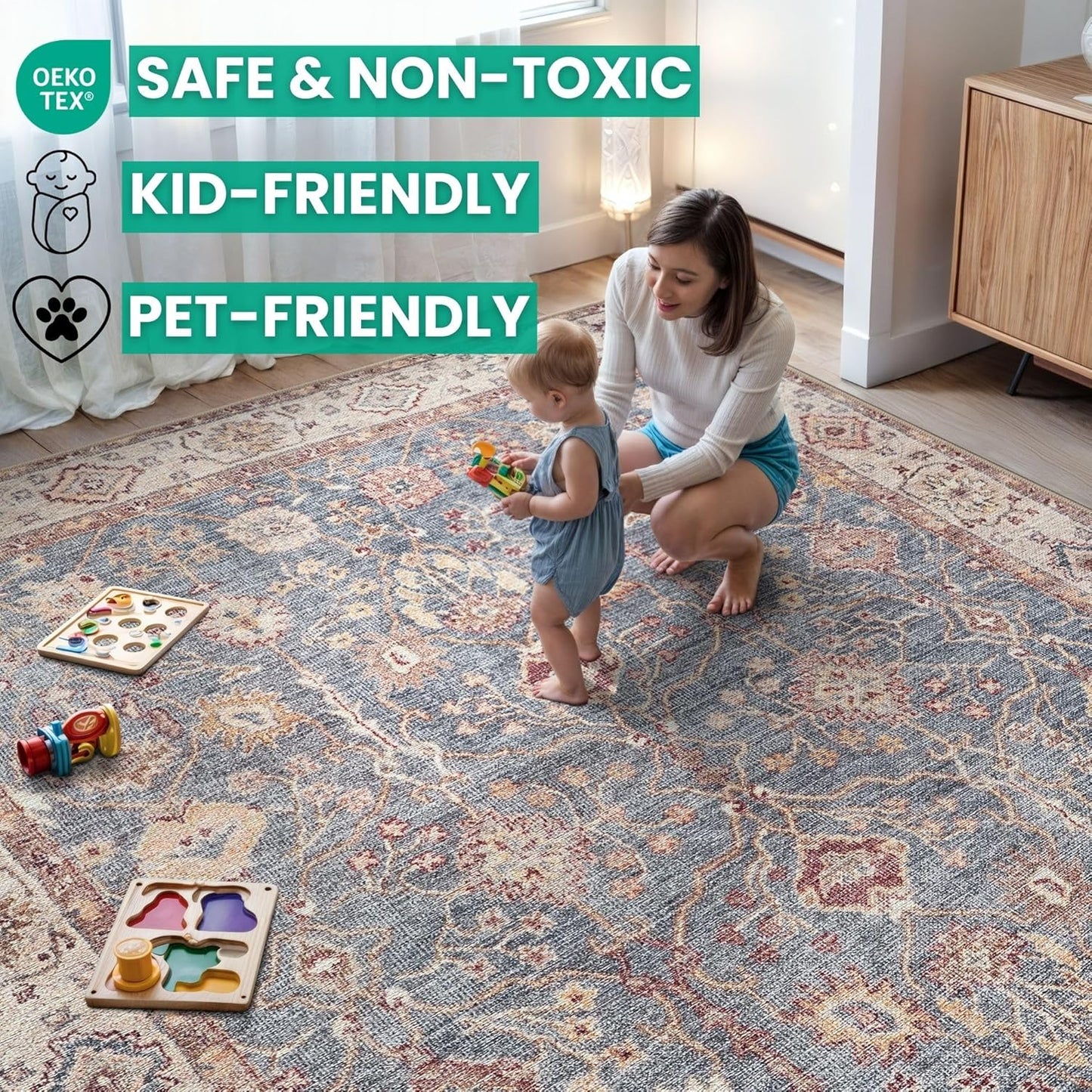 Bloom Rugs Washable Non-Slip 12 ft Runner - Beige/Blue Traditional Bordered Runner for Entryway, Hallway, Bathroom, and Kitchen - Exact Size: 2.5' x 12'